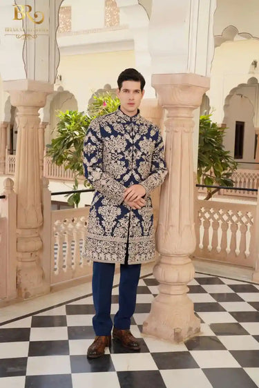 Navy Blue Golden Zari Embroidered Indowestern Set