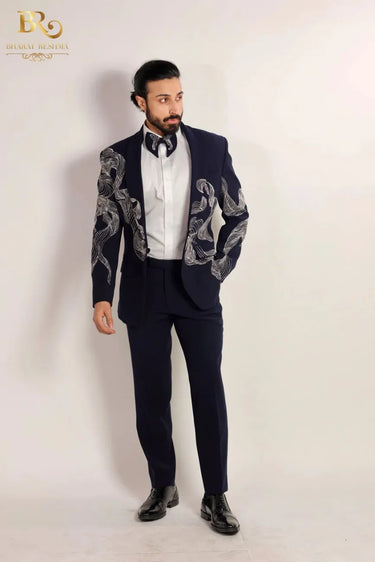 Blue Embroidered Silver Zari Work Tuxedo Set