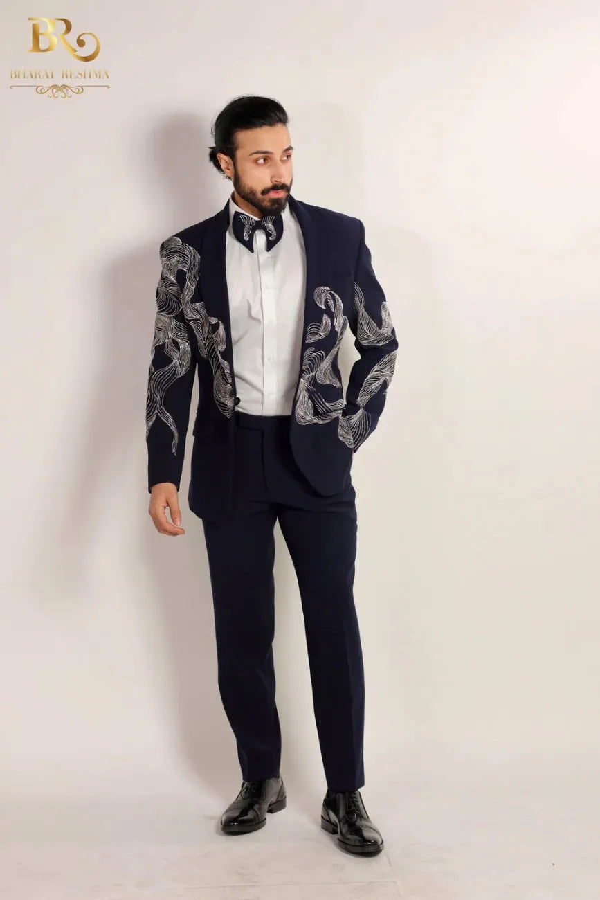 Blue Embroidered Silver Zari Work Tuxedo Set