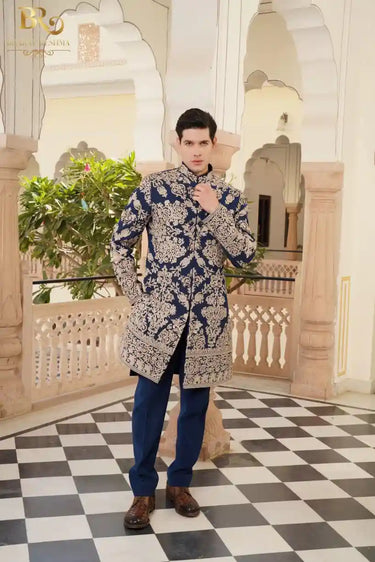 Navy Blue Golden Zari Embroidered Indowestern Set