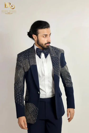 Blue Embroidered Cutdana Work Tuxedo Set