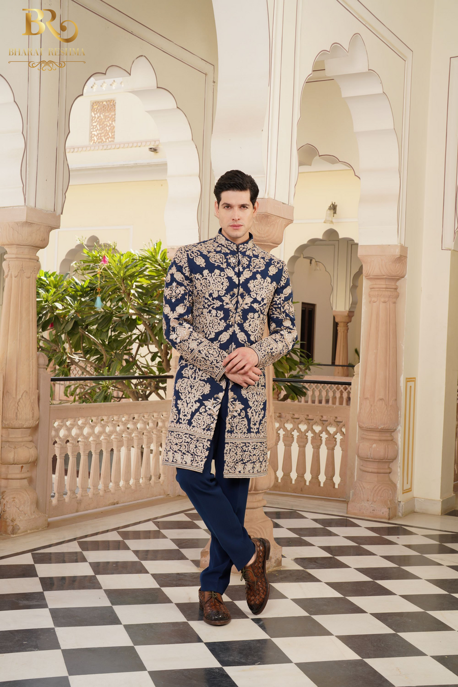 Navy Blue Golden Zari Embroidered Indowestern Set