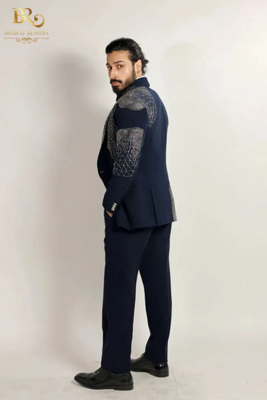 Blue Embroidered Cutdana Work Tuxedo Set