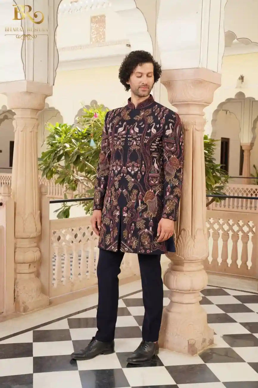 Navy Blue Indo Western with Pearls & Resham Work