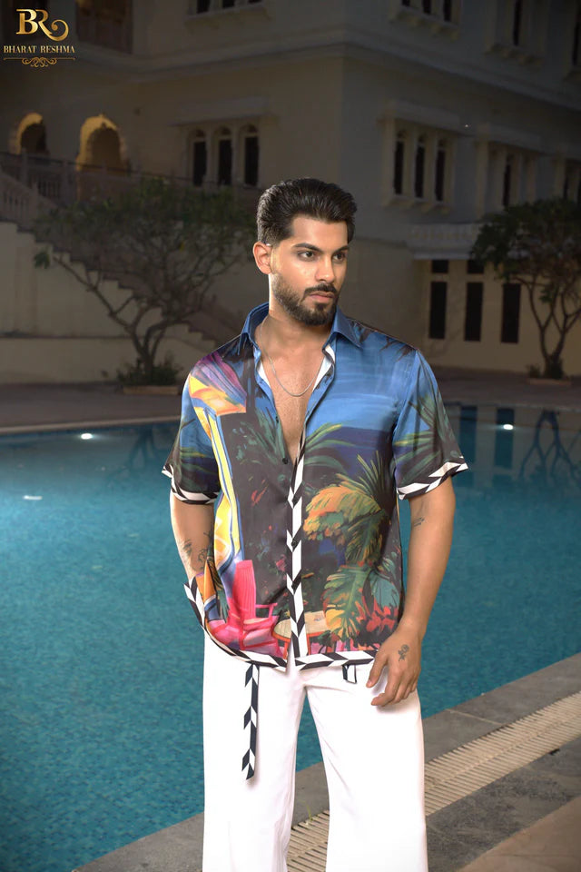 Multicolor Jungle-Themed Men's Satin Printed Shirt