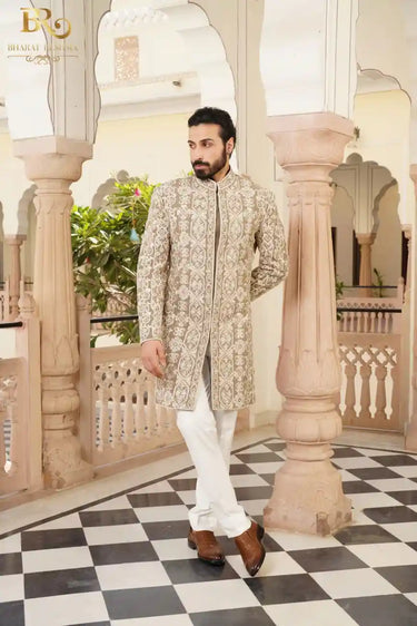 Beige Embroidered Floral Work Indowestern