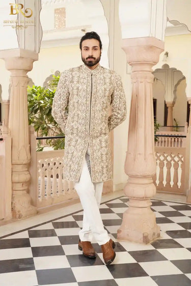 Beige Embroidered Floral Work Indowestern