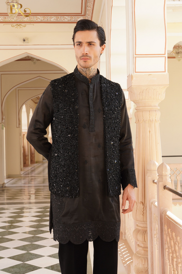 Cluster work kurta with embroided Waistcoat Kurta Set