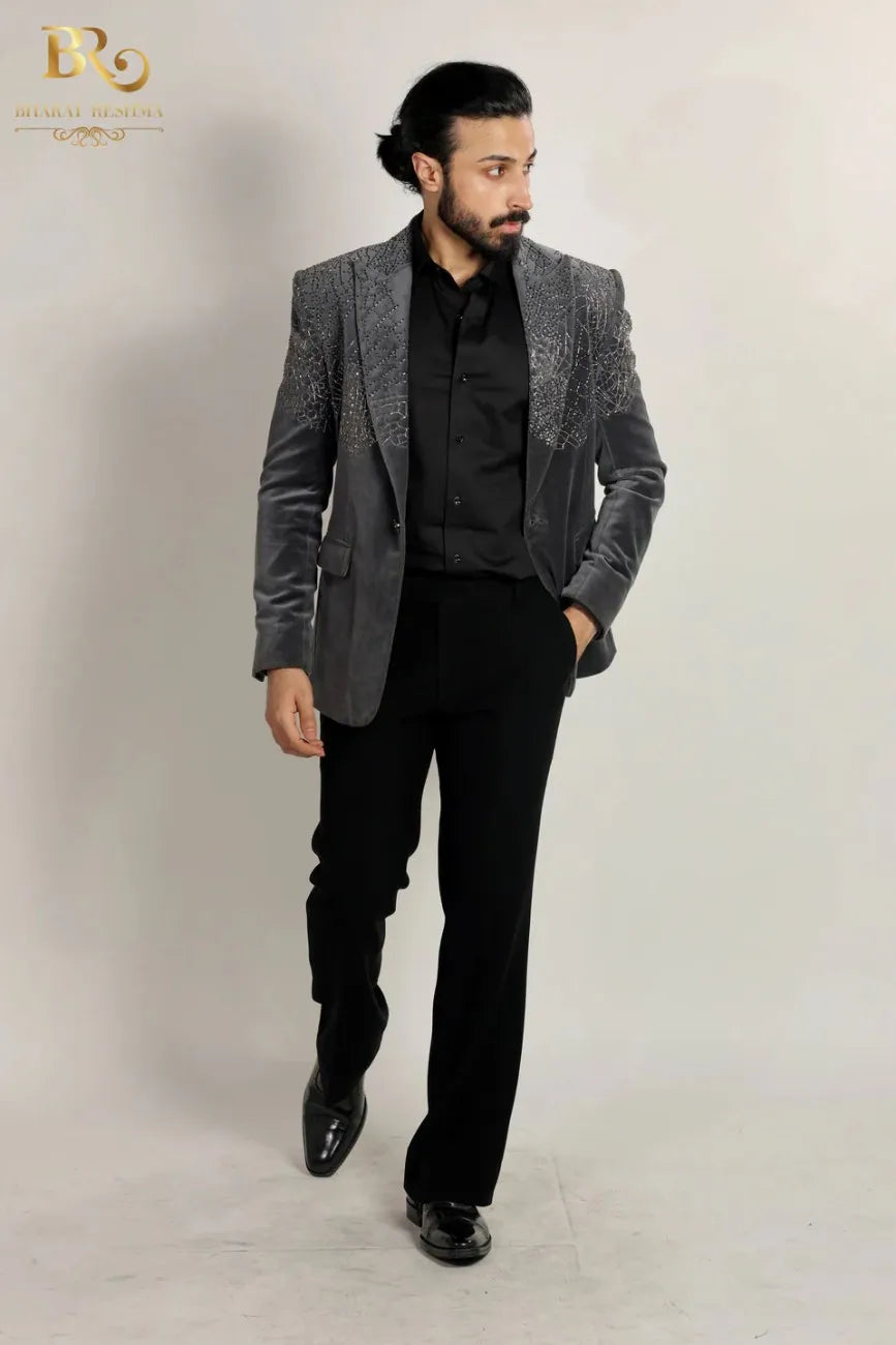 Velvet Embroidered Cutdana Work Gray Tuxedo Set