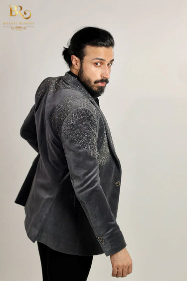 Velvet Embroidered Cutdana Work Gray Tuxedo Set
