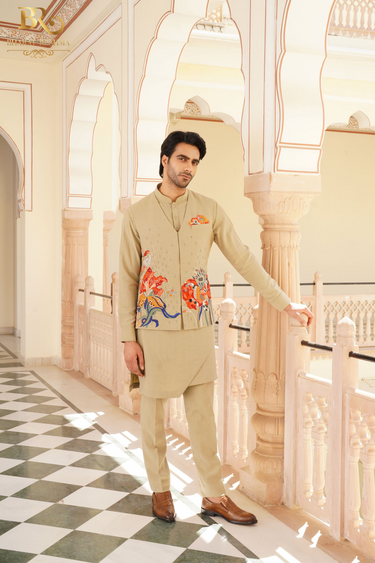Brown Hand Embroidered Linen Kurta Set