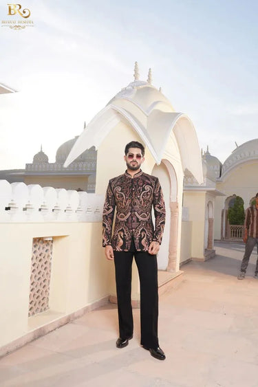 Black Embroidered Italian Bandhgala Suit