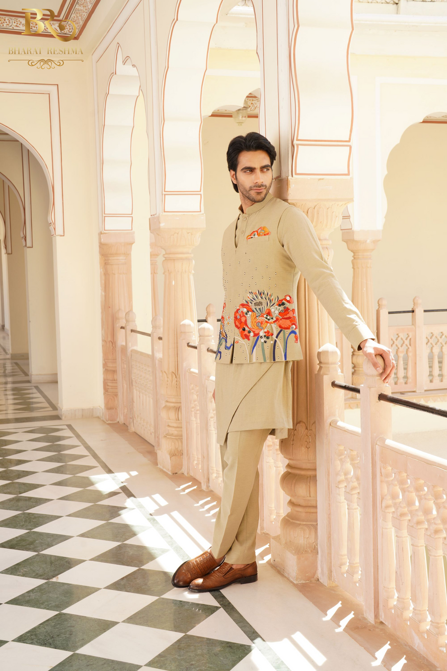 Brown carnival floral waistcoat kurta set