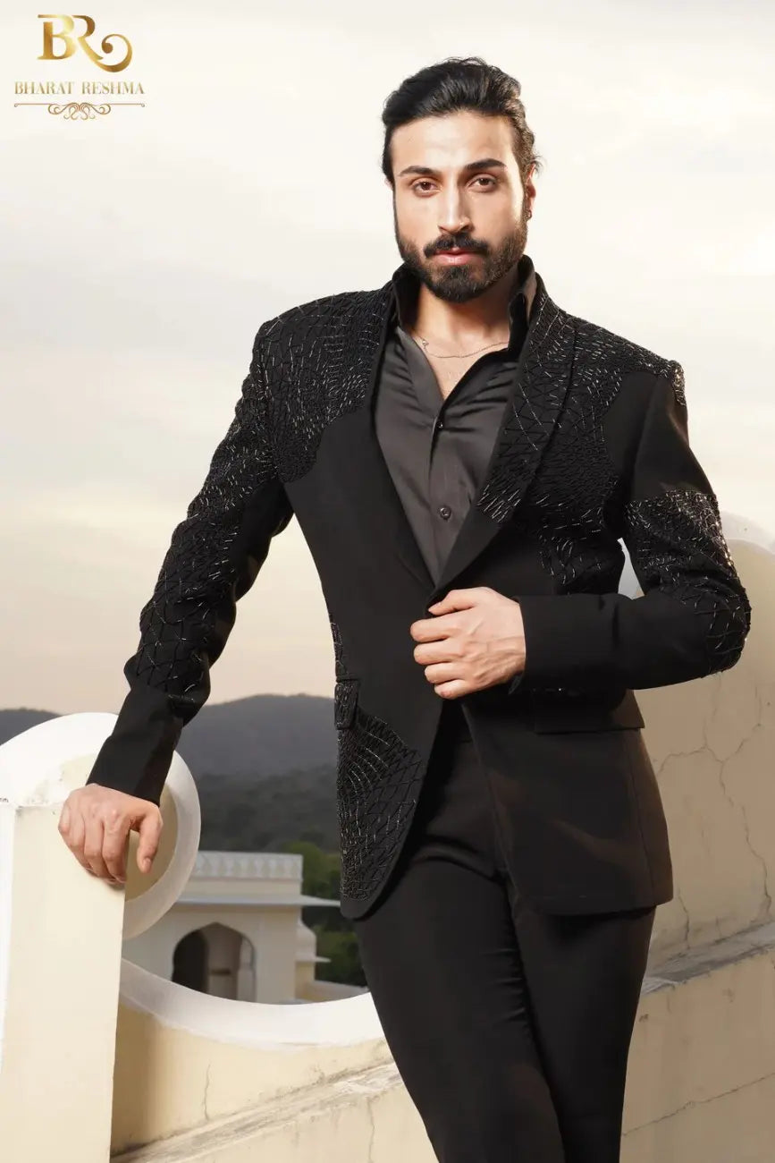 Black Embroidered Cutdana Work Tuxedo Suit