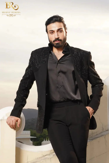 Black Embroidered Cutdana Work Tuxedo Suit