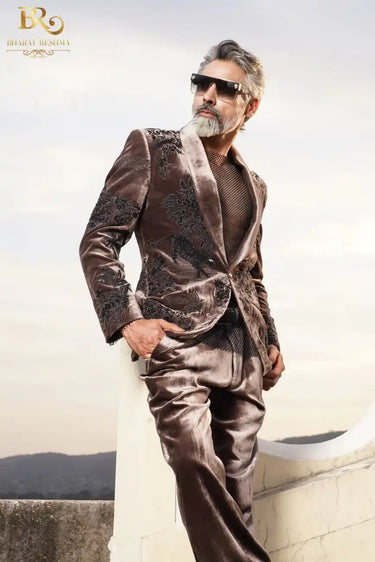 Brown tuxedo with Black Zari embellishments