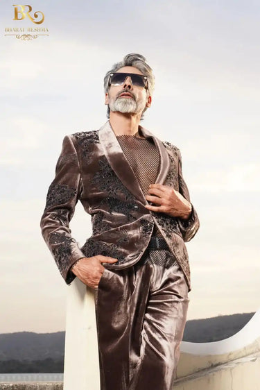Brown tuxedo with Black Zari embellishments