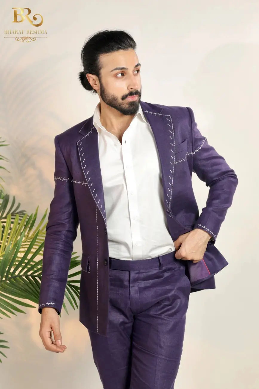 purple blazer with decorative white Hand Hamming Work