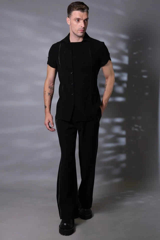Black Half Sleeve Elegant Pleats Design Shirt