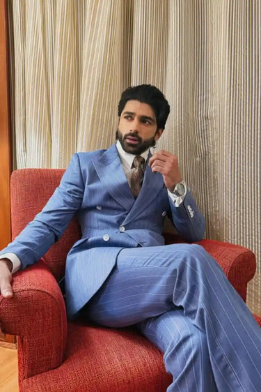 Taaha Shah in Double Breasted Azure Blue Suit