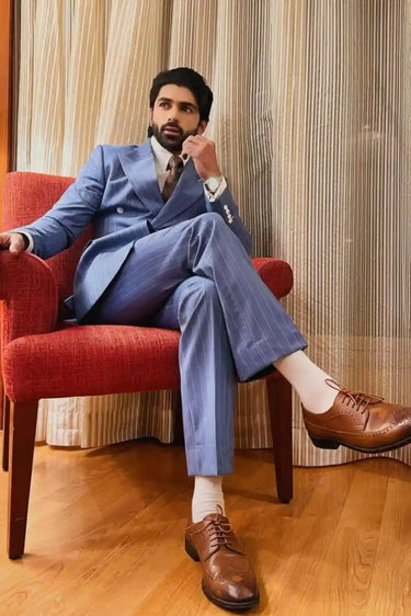 Taaha Shah in Double Breasted Azure Blue Suit
