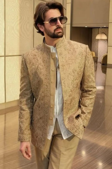Neil Nitin Mukesh in Olive Beige Mukaish Bandhgala