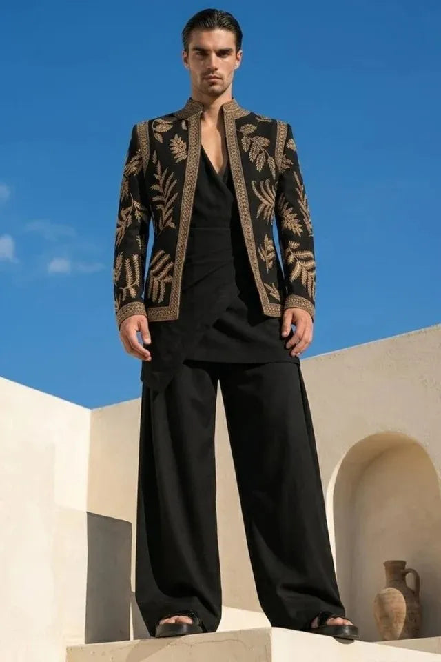 Noir Zari Drape kurta, Bandhgala set