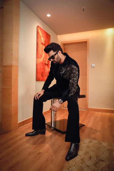 Manish Paul in Black Velvet Eagle Embroidered Suit