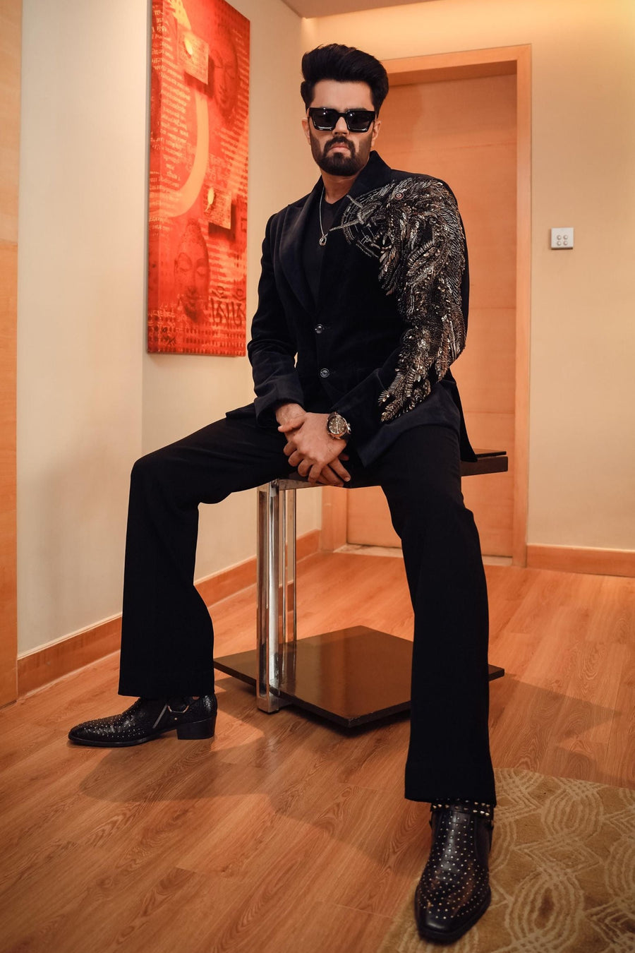Manish Paul in Black Velvet Eagle Embroidered Suit
