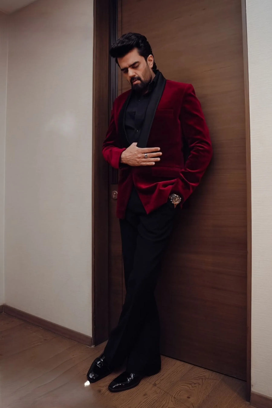 Manish Paul in Maroon Velvet Tuxedo with Black Trouser