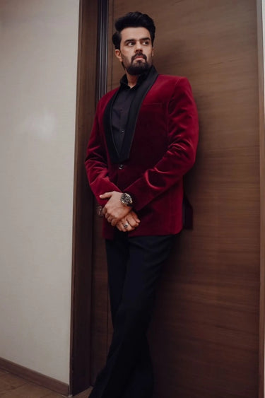Manish Paul in Maroon Velvet Tuxedo with Black Trouser
