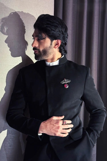 Taaha Shah in Classic Black Jodhpuri Suit