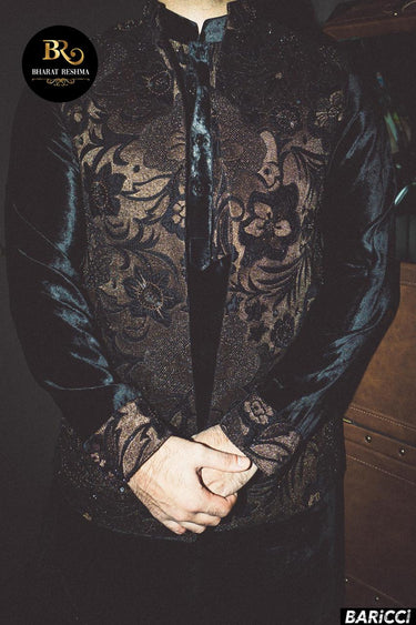Black Designer Velvet Kurta Set with Jacket