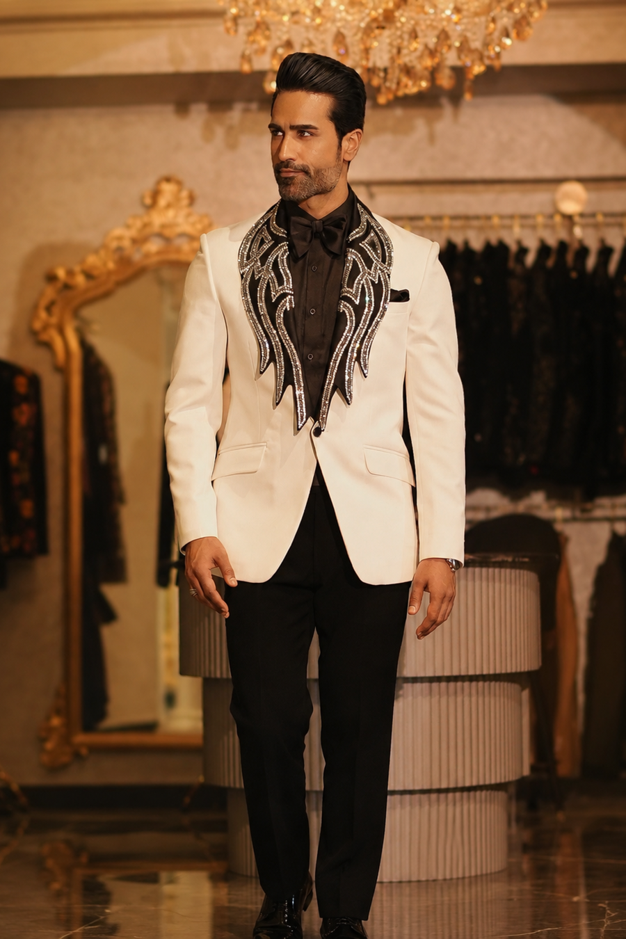 White Crystal Embroidered Collar Tuxedo Set