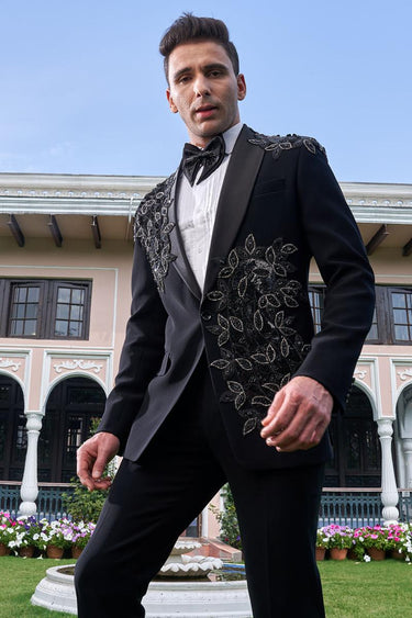 Black Embroidered Moti and Cutdana Tuxedo Set - Bharat Reshma
