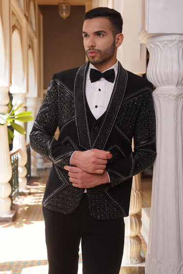 Black Embroidered Studs Tuxedo Set - Bharat Reshma