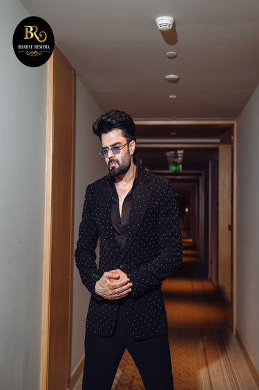 Manish Paul in Our Black Japanese Embroidered Studs Tuxedo Set - Bharat Reshma