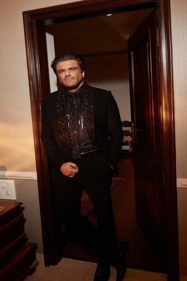 Samir Soni in Our Black Embroiderd Collar Tuxedo Set - Bharat Reshma