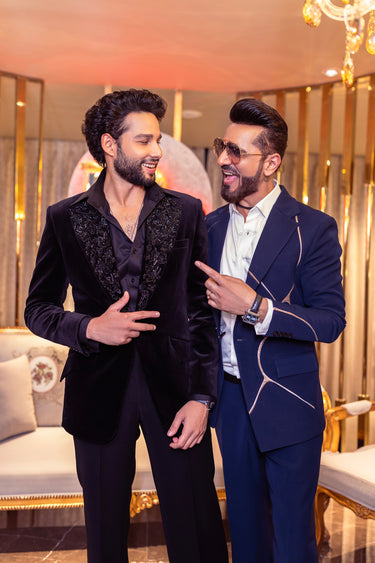 Siddhant Chaturvedi in Our Black Velvet Embroidery Bead Collar Tuxedo Set - Bharat Reshma
