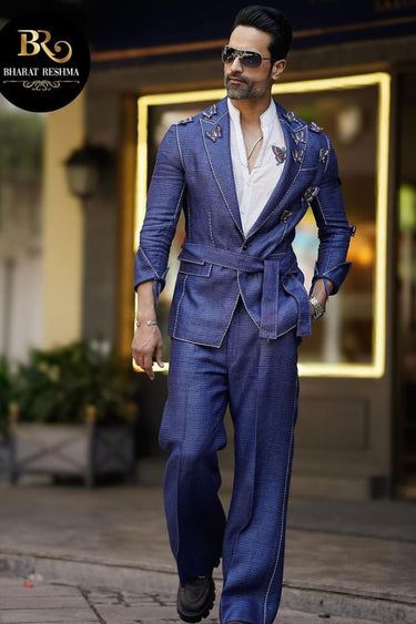 Blue 2 piece suit with hand hamming work - Bharat Reshma