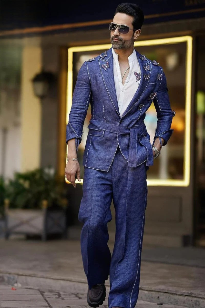 Blue 2 piece suit with hand hamming work