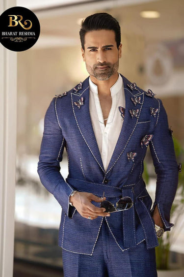 Blue 2 piece suit with hand hamming work - Bharat Reshma