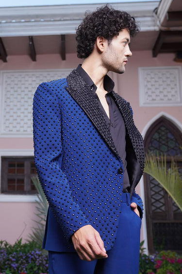 Blue Italian Designer Tuxedo Set with Hand Embroidery - Bharat Reshma