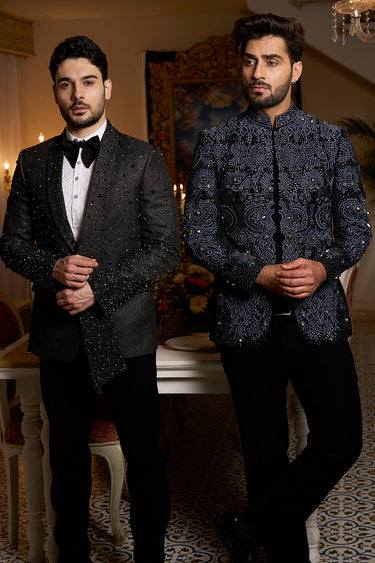Gray italian 2 piece suit embellished with rhinestones - Bharat Reshma