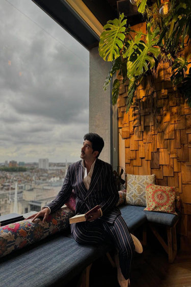 Taha Shah Badussha in Our Classic Blue Chalk Striped Pattern Suit - Bharat Reshma