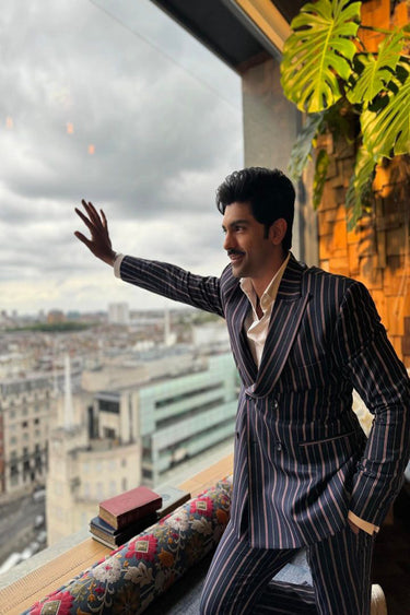 Taha Shah Badussha in Our Classic Blue Chalk Striped Pattern Suit - Bharat Reshma