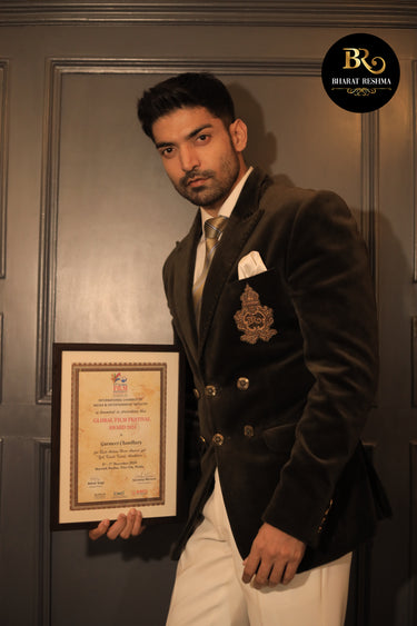 Gurmeet Chaudhary in Our Juniper Green Velvet Tuxedo - Bharat Reshma