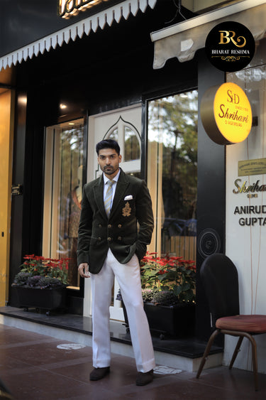 Gurmeet Chaudhary in Our Juniper Green Velvet Tuxedo - Bharat Reshma