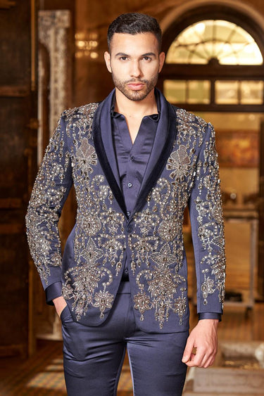 Blue Embellished Bead Tuxedo Set - Bharat Reshma