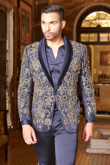 Blue Embellished Bead Tuxedo Set - Bharat Reshma